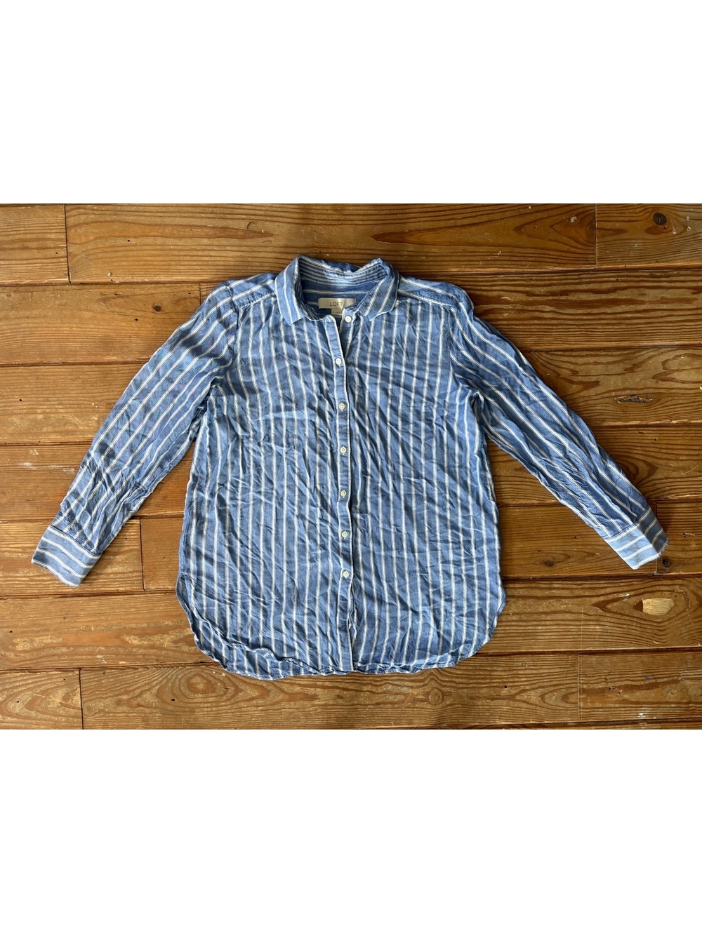 LOFT Blue & White Stripe Button Front Shirt Women’s Small Roll Tab Sleeve